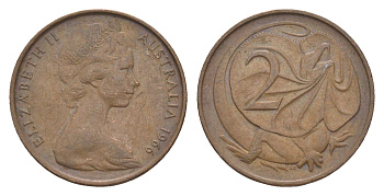 Австралия 2 цента 1966 Елизавета II (1952-2022), плащеносная ящерица KM 63 бронза 4585-1015