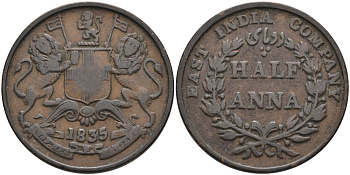 Британская Индия 1/2 анна 1835 M, Британская Ост-Индская компания, Мадрас, диаметр 30,8 мм. KM 447.1 медь 88-936