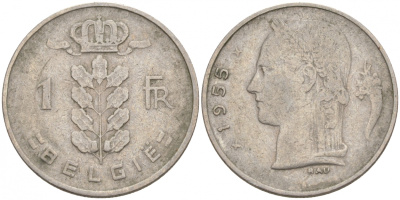 БЕЛЬГИЯ 1 ФРАНК 1955 BELGIE KM 143.1 медно-никель 68-341