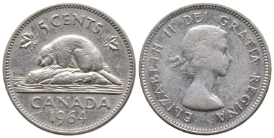 КАНАДА 5 ЦЕНТОВ 1964 ЕЛИЗАВЕТА II, БОБЕР KM 57 никель 4364-2331
