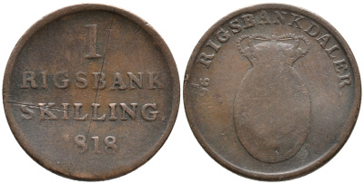 ДАНИЯ 1 РИГСБАНКСКИЛЛИНГ 1818 KM 688 (С101) медь 32-333