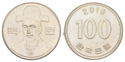 Южная Корея 100 вон 2010 Ли-Сунсин, корейский флотоводец KM 35 медно-никель 4629-722