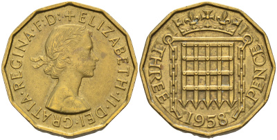 Великобритания 3 пенса 1958 Елизавета II (1952-2022) KM 900, Spink 4153 никель латунь 4589-823