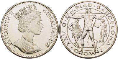 Гибралтар 1 крона 1991 XXV Олимпийские игры 1992 года в Барселоне, копьеметатель KM 69 медно-никель UNC 1084-8-33