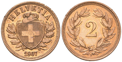 Швейцария 2 раппена 1907 B KM 4 бронза 4387-1268
