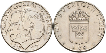 Швеция 1 крона 1977 U, Карл XVI Густав (1973- ) KM 852 медно-никель 4557-425