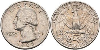 США 25 центов = квотер 1985 P, Вашингтон KM A164a медь плакированная медно-никелем 4584-1222