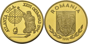 Румыния 100 леев 1996 XXVI Олимпийские игры 1996 года в Атланте, 100 лет Олимпийскому движению, стрельба, пробный выпуск, пифорт  латунь  PROOF  1525-1312