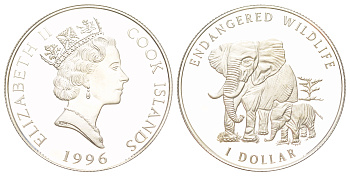 Острова Кука 1 доллар 1996 Вымирающие виды - Слоны KM 311 серебро 441-1024
