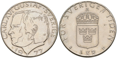 Швеция 1 крона 1977 U, Карл XVI Густав (1973- ) KM 852 медно-никель 4557-425