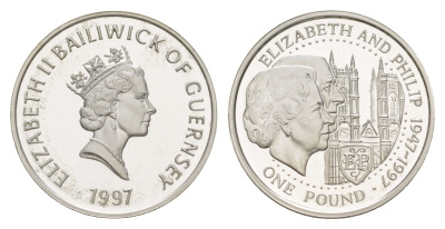 Гернси 1 фунт 1997 50 лет свадьбе Королевы Елизаветы II и Принца Филиппа KM 70 серебро PROOF 1521-1024