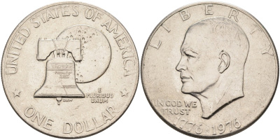 США 1 доллар 1976 200 лет независимости (1776-1976), Эйзенхауэр KM 206 медь плакированная медно-никелем 35-215