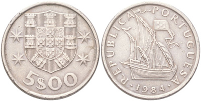 Португалия 5 эскудо 1984 KM 591 медно-никель 4143-516