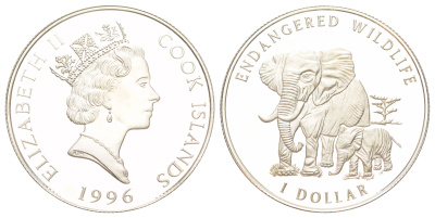 Острова Кука 1 доллар 1996 Вымирающие виды - Слоны KM 311 серебро 441-1024