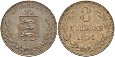 Гернси 8 даблов (дублей) 1934 KM 14 бронза 3996-543