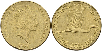 Новая Зеландия 2 доллара 1997 Елизавета II (1952-2022), большая белая цапля KM 79 алюминиевая бронза 4126-1217