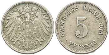 ГЕРМАНИЯ 5 ПФЕННИГОВ 1914 F KM 11, J. 12 медно-никель 105-212