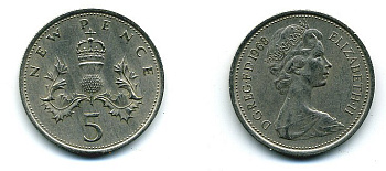 Великобритания 5 пенсов 1968 Елизавета II (1952-2022) KM 911, Spink 4233 (D1) медно-никель 4110-846