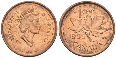 Канада 1 цент 1999 Елизавета II (1952-2022), кленовый лист KM 289 сталь плакированная медью 4609-259