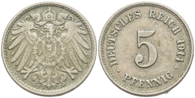 ГЕРМАНИЯ 5 ПФЕННИГОВ 1914 F KM 11, J. 12 медно-никель 105-212