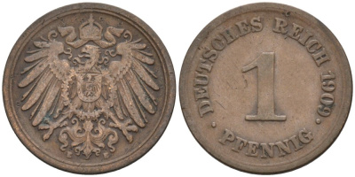 Германия 1 пфенниг 1909 E KM 10, J. 10 медь 4576-123