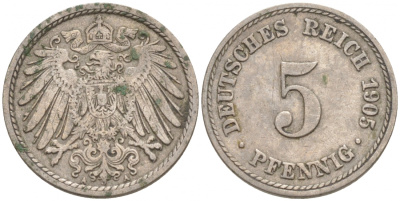 ГЕРМАНИЯ 5 ПФЕННИГОВ 1905 A, KM 11, J. 12 медно-никель 73-1762