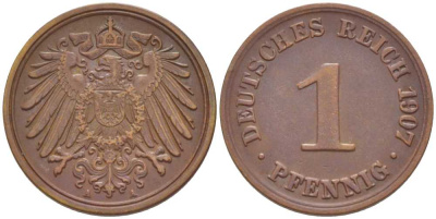 ГЕРМАНИЯ 1 ПФЕННИГ 1907 A KM 10, J. 10, Weege 2 медь 211-348
