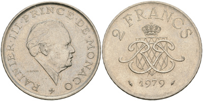 Монако 2 франка 1979 Ренье III (1949-2005) KM 157 никель 92-334