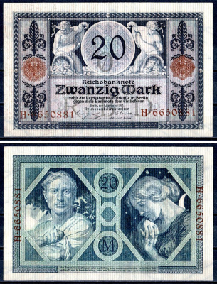 Германия 20 марок 1915 Pick 63 бумага UNC (пресс) 402-75-2-1