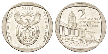 ЮАР 2 ранда 2014 100 лет Зданию Союза медь плакированная никелем UNC 4628-344