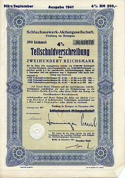 Германия 200 рейхсмарок 1941 АО Schluchseewerk (оператор 5 ГЭС), Фрайбург-им-Брайсгау, 4% -ное частичное обязательство   бумага   8804-75-1