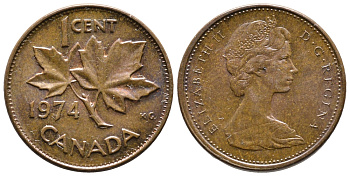 Канада 1 цент 1974 Елизавета II (1952-2022), кленовый лист KM 59.1 бронза 177-1012