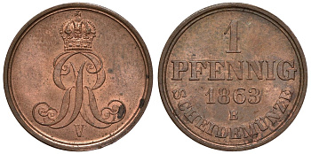 Ганновер 1 пфенниг 1863 B, Георг V KM 233, AKS 156, J. 90 медь 4594-446