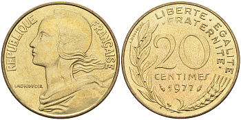 Франция 20 сантимов 1977 тип Марианна KM 930 медь алюминий никель 4116-531