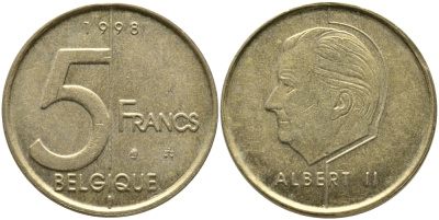 БЕЛЬГИЯ 5 ФРАНКОВ 1998 BELGIQUE, АЛЬБЕРТ II (1993-) KM 189 алюминиевая бронза 65-1152