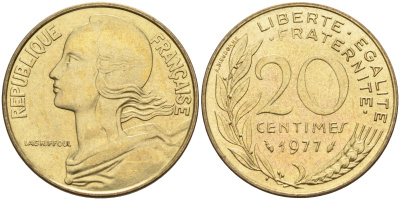 Франция 20 сантимов 1977 тип Марианна KM 930 медь алюминий никель 4116-531
