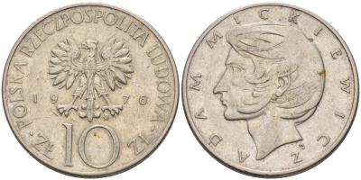 Польша 10 злотых 1976 MW, Адам Мицкевич KM 74 медно-никель    4150-436