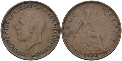 Великобритания 1/2 пенни 1930 Георг V (1910 - 1936) KM 837, Spink 4058 бронза 4153-812