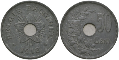 Бельгия 50 сантимов 1918 Альберт I (1909-1934) KM 83 цинк 4620-725
