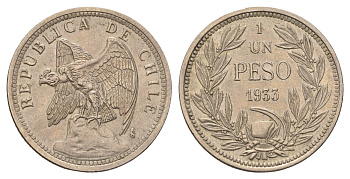 Чили 1 песо 1933 год-тип KM 176.1 медно-никель 55-1217
