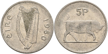Ирландия 5 пенсов 1980 бык KM 22 медно-никель 4146-532