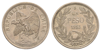 Чили 1 песо 1933 год-тип KM 176.1 медно-никель 55-1217