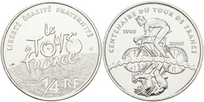 Франция 1/4 евро 2003 100 лет велогонкам "Тур де Франс" KM 1995 серебро UNC 1087-10-15