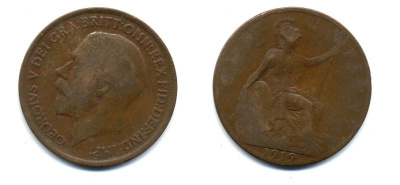 Великобритания 1 пенни 1919 Георг V (1910-1936) КМ 810, Spink 4051 бронза 47-311