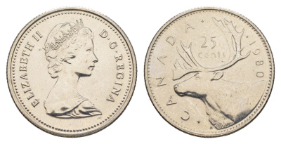 Канада 25 центов 1980 Елизавета II (1952-2022), олень KM 74 никель PROOF-LIKE (BU) 4631-942