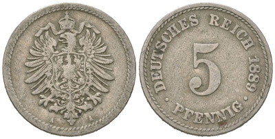 Германия 5 пфеннигов 1889 A, Вильгельм II (1888-1918) KM 3, J. 3 медно-никель 4615-726