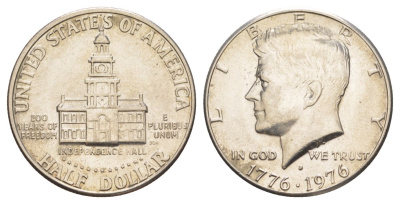 США 1/2 доллара (50 центов) 1976 D, 200 лет независимости, Джон Кеннеди KM 205 медь плакированная медно-никелем aUNC 4545-1015
