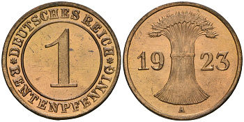 Германия 1 рентенпфенниг 1923 A KM 30, J. 306 бронза aUNC 1525-635