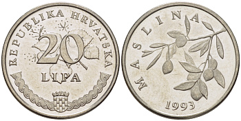 Хорватия 20 лип 1993 олива, легенда на хорватском KM 7 сталь плакированная никелем 66-532