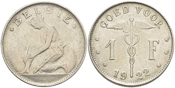 БЕЛЬГИЯ 1 ФРАНК 1922 BELGIE, АЛЬБЕРТ I (1909-1934) KM 90 никель 202-921